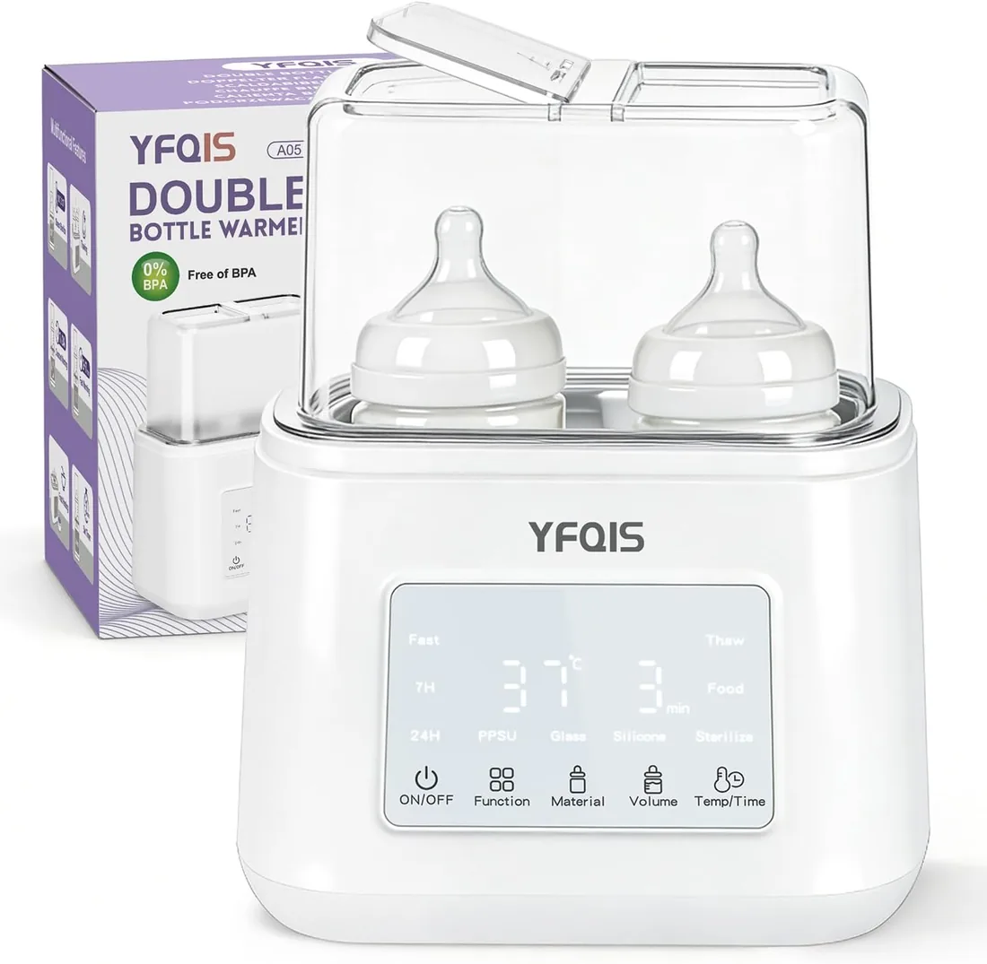 Calienta Biberones Doble, 10 en 1 Esterilizador Biberones, Calienta/Descongela Leche Materna y Purés, Control Preciso de Temperatura, con Pantalla LCD, Temporizador, Apagado Automático (Blanco)