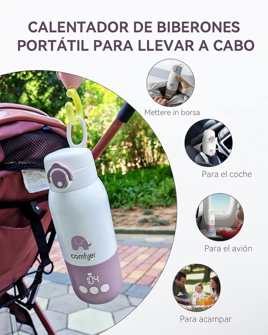 Comfyer BW01 Calienta Biberones Portátil, Calentador de Leche Portátil | Calienta leche materna y agua en 2 min, con 340 ml de capacidad; diseño portátil para viajes, coche, avión y tomas nocturnas. foto 2