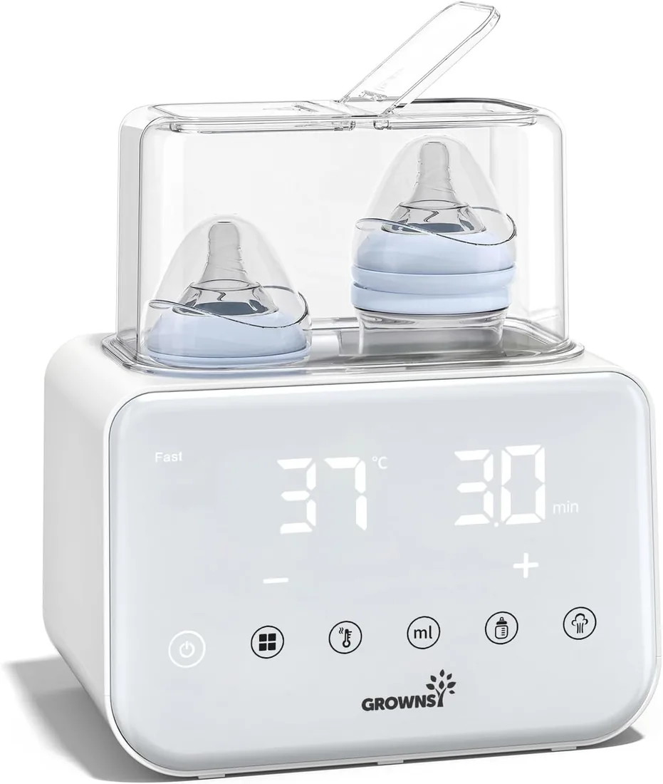 Grownsy Calienta Biberones Doble Bebé 10 en 1 con Esterilizador | Control preciso con Ajuste de 1°C, Pantalla LCD, Mantiene el Calor 24 h, Descongelación, Calientapotitos y sin BPA