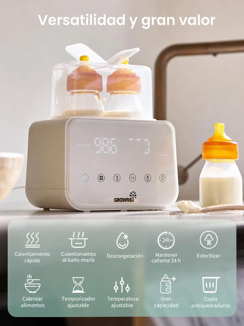 Grownsy Calienta Biberones Doble Bebé 10 en 1 con Esterilizador | Control preciso con Ajuste de 1°C, Pantalla LCD, Mantiene el Calor 24 h, Descongelación, Calientapotitos y sin BPA foto 2