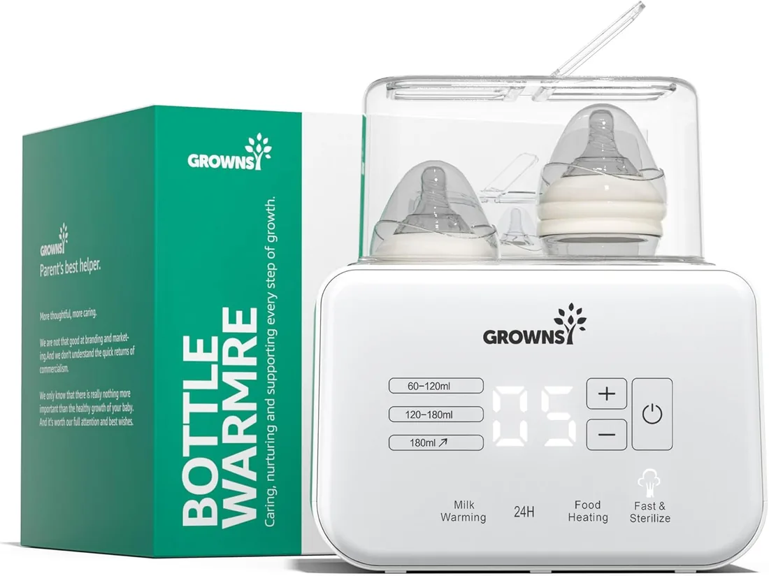 Grownsy Calienta Biberones Doble Bebé 9 en 1 con Esterilizador | Control Preciso de la Temperatura con Pantalla LCD, Mantiene el Calor 24 h, Descongelación y Calienta Potitos, sin BPA
