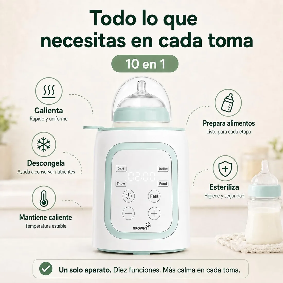 GROWNSY Calienta Biberones para Bebé, Rápido y Preciso | 10 en 1: baño maría suave para leche materna, descongelar, mantener caliente, esterilizar al vapor y apagado automático. foto 2
