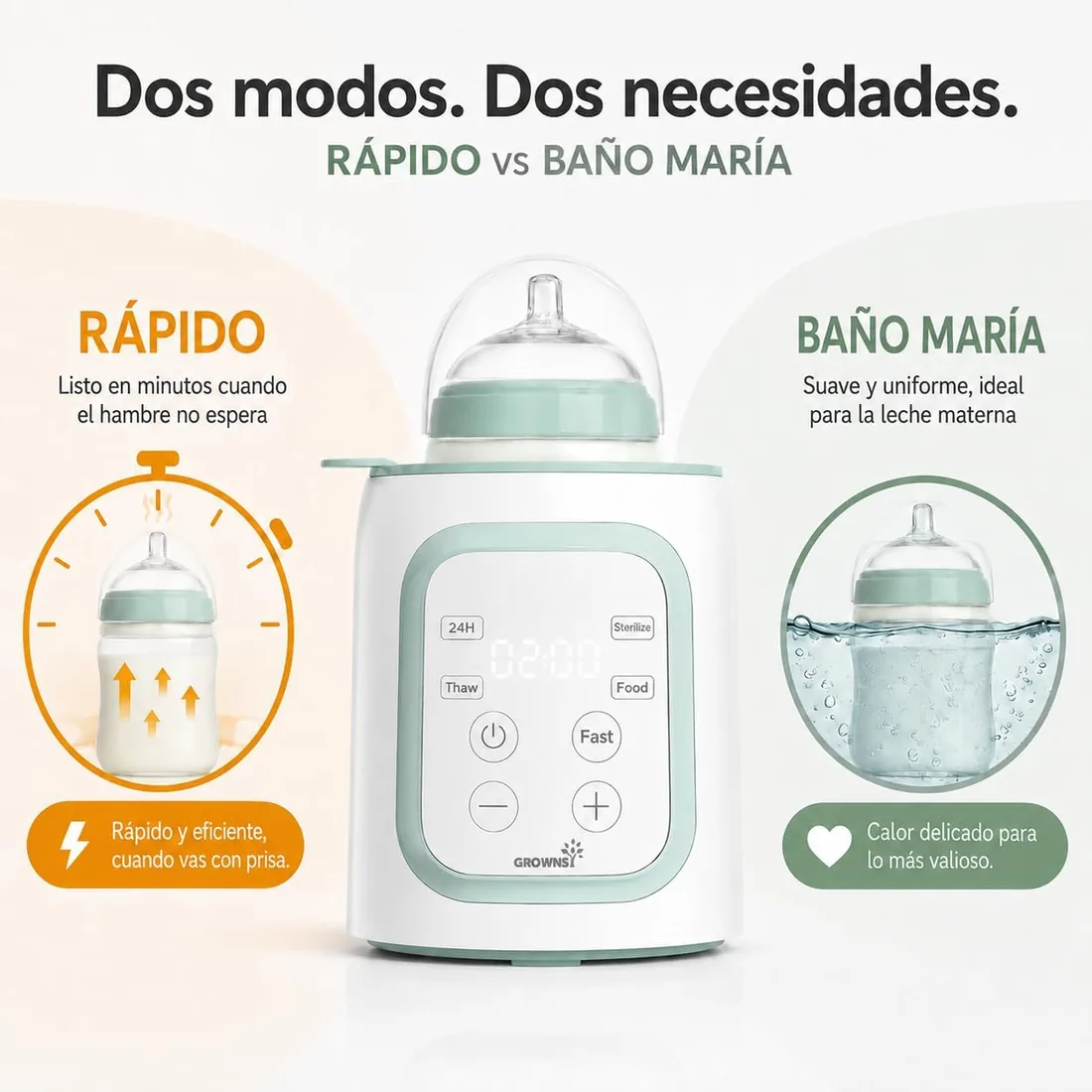 GROWNSY Calienta Biberones para Bebé, Rápido y Preciso | 10 en 1: baño maría suave para leche materna, descongelar, mantener caliente, esterilizar al vapor y apagado automático. foto 3