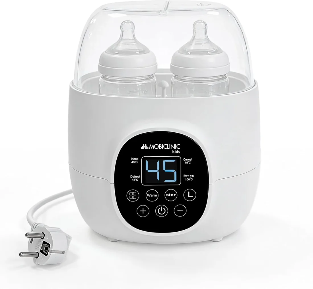 Mobiclinic®, Calienta Biberones y Esterilizador, 6 en 1, Capacidad Doble, Descongela, Programable, Mantiene la Temperatura, Calentamiento Rápido, Leche Materna, Sin BPA, Pantalla LCD, Bibidu