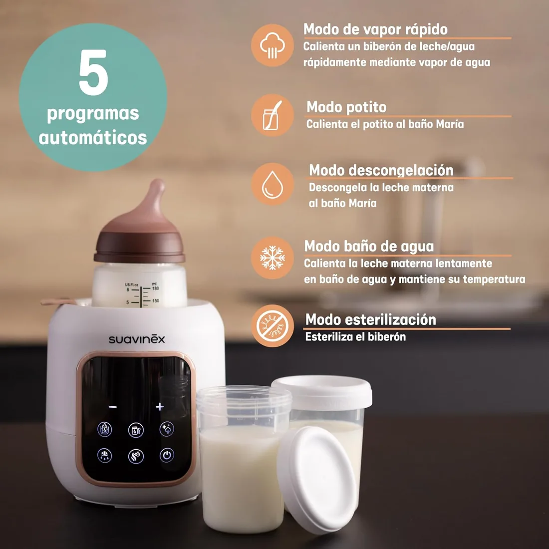 Suavinex, Calientabiberones y Esterilizador 2 en 1, Esteriliza Biberones y Chupetes, Calienta y Descongela Biberones, Leche Materna y Potitos, con Modo Rápido y Apagado Automático, Fácil de Usar foto 3