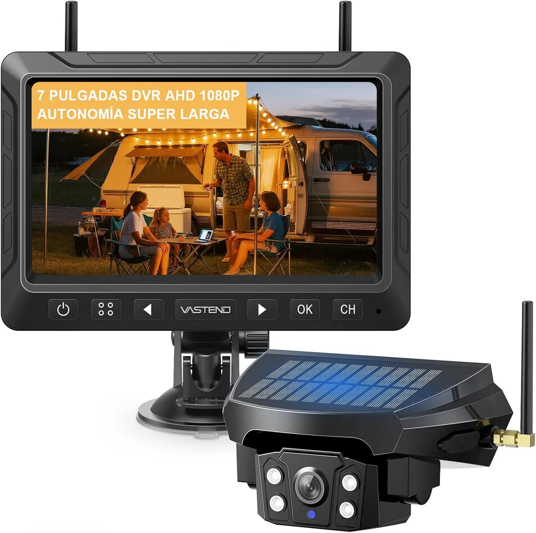 Cámara Trasera Inalámbrica para Coche y Autocaravana, Monitor 7" 1080P(7E) | Instalación magnética en 1 minuto, batería de 10000 mAh y más de 30 horas de uso; carga solar para viajes largos.