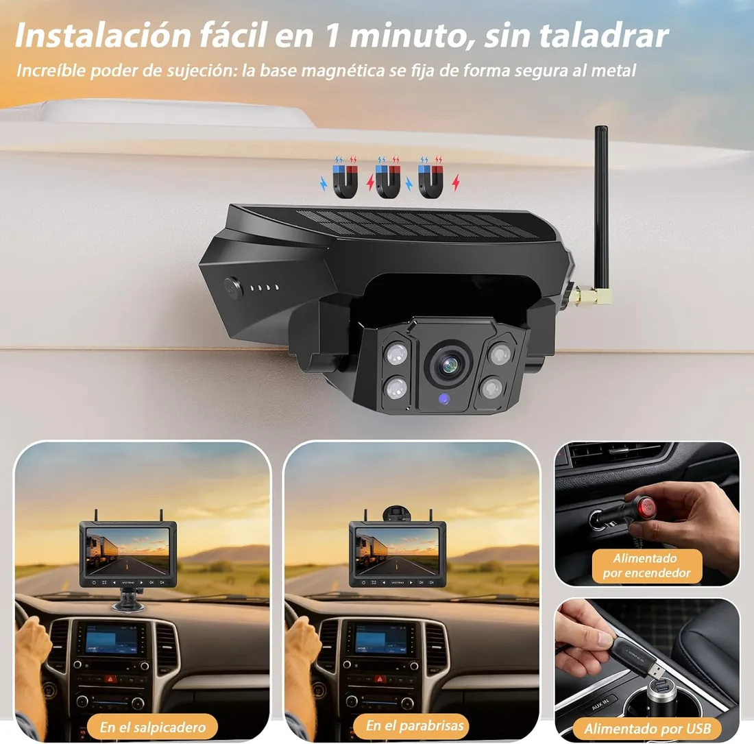 Cámara Trasera Inalámbrica para Coche y Autocaravana, Monitor 7" 1080P(7E) | Instalación magnética en 1 minuto, batería de 10000 mAh y más de 30 horas de uso; carga solar para viajes largos. foto 2