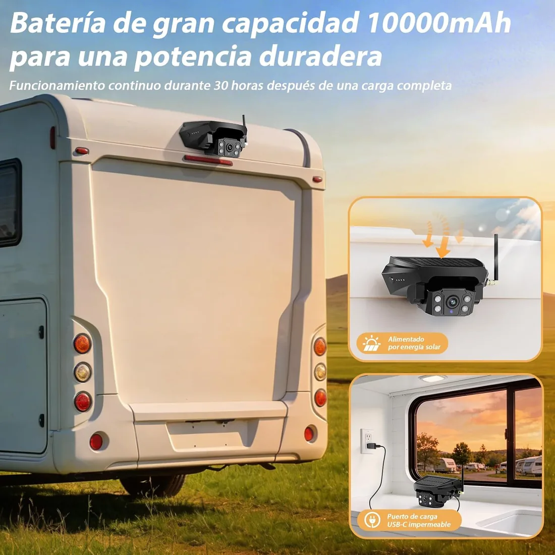 Cámara Trasera Inalámbrica para Coche y Autocaravana, Monitor 7" 1080P(7E) | Instalación magnética en 1 minuto, batería de 10000 mAh y más de 30 horas de uso; carga solar para viajes largos. foto 3