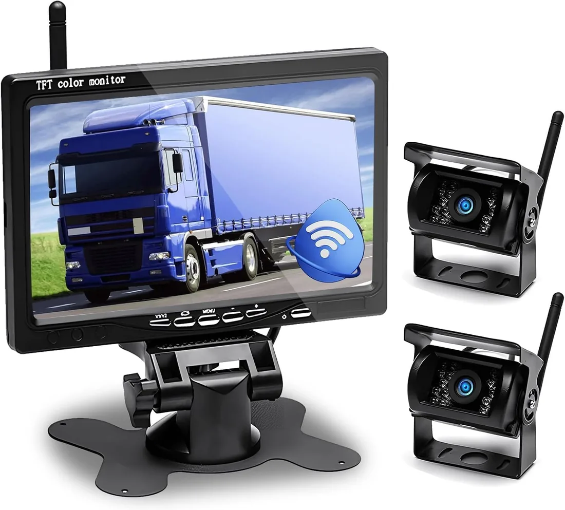 Hikity Kit Cámara Marcha Atrás Inalámbrica 7" 2 Cámaras IP67 | Visión Nocturna. Camiones/Remolques/Autobuses/Autocaravanas. 12V-36V