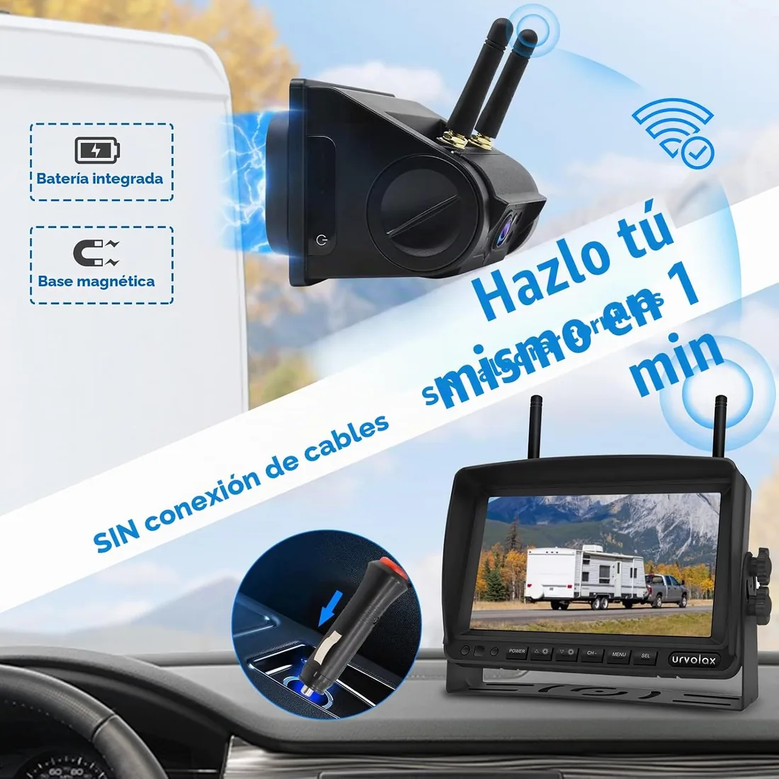 URVOLAX 100% Camara Marcha Atras Inalambrica, Cámara Magnética con Batería Recargable de 6700mAh, Instalación de Bricolaje, Monitor FHD de 7 pulgadas Grabación de Vídeo para Furgoneta Camion Coche 65X foto 2
