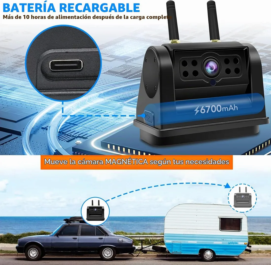 URVOLAX 100% Camara Marcha Atras Inalambrica, Cámara Magnética con Batería Recargable de 6700mAh, Instalación de Bricolaje, Monitor FHD de 7 pulgadas Grabación de Vídeo para Furgoneta Camion Coche 65X foto 3