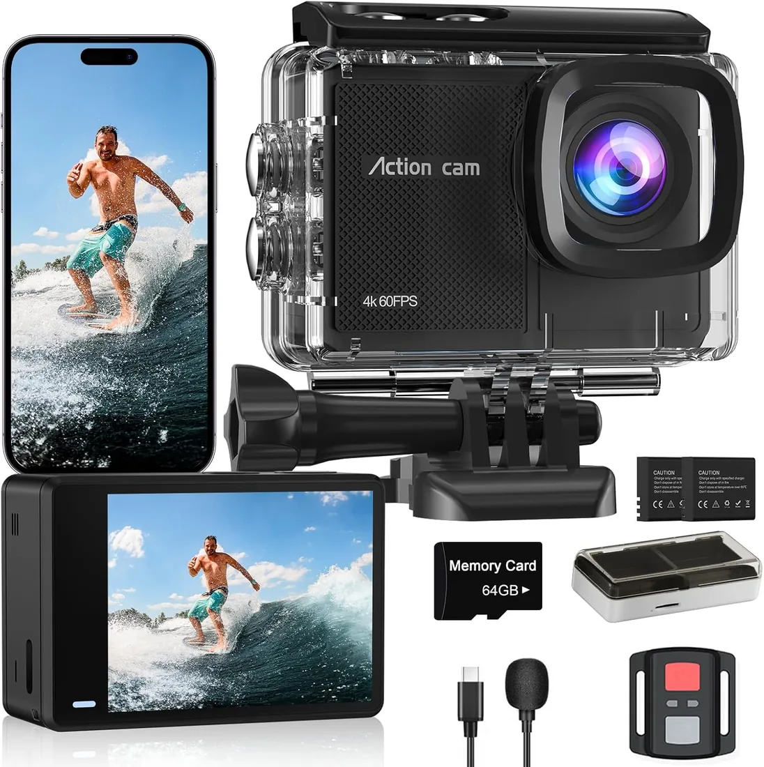 Cámara Deportiva 4K60FPS con Tarjeta 64GB,131FT Cámara Subacuática con 8X Zoom,48MP HD WiFi Videocámara 170° EIS Cámara de Acción,Camara Acuatica Sumergible con Mando a Distancia,2 * 1350mAh Baterías