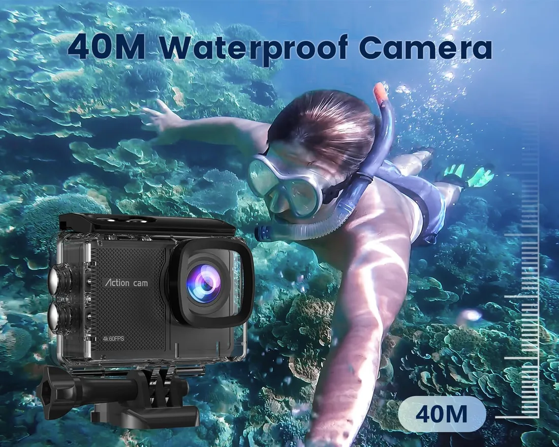 Cámara Deportiva 4K60FPS con Tarjeta 64GB,131FT Cámara Subacuática con 8X Zoom,48MP HD WiFi Videocámara 170° EIS Cámara de Acción,Camara Acuatica Sumergible con Mando a Distancia,2 * 1350mAh Baterías foto 3