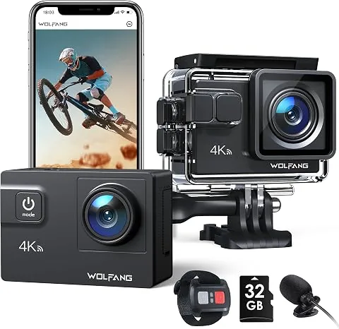WOLFANG GA300 Cámara Acción 4K, Submarina 40m Impermeable con Tarjeta 32GB, WiFi 60FPS 24MP, Zoom 8X + Gran Angular 170° EIS, Mando 2.4G, Pantalla Táctil, 2 Baterías 1350mAh