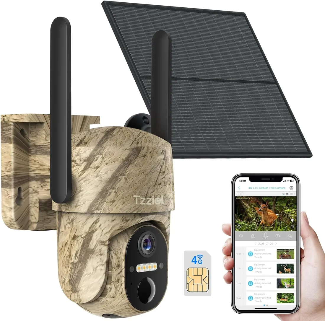 3G/4G LTE Cámara fototrampeo de Vigilancia Exterior con Batería Solar, 2K Visión Nocturna en Color, PIR Detección de Movimiento, IP66, Adecuado para Uso en Exteriores o en Lugares sin WiFi