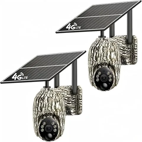 4G Camara fototrampeo SIM Exterior, Solar Cámara Vigilancia sin WiFi, 360° Inalámbrico Cámara con 2K Visión Nocturna en Color, PIR Detección de Movimiento, Audio de 2 vías, IP66 (2PCS)