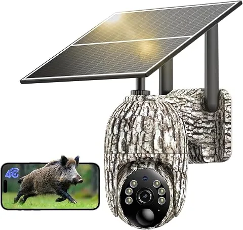4G Camara Vigilancia Exterior, Solar Cámara fototrampeo SIM sin WiFi, 360° Inalámbrico Cámara con 2K Visión Nocturna en Color, PIR Detección de Movimiento, Audio de 2 vías, IP66