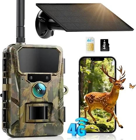 CEYOMUR 4G LTE Cámara de Caza Solar con SIM y TF 64GB | 48MP Cámara Fototrampeo Nocturna HD, Batería 5200mAh, Alertas al M