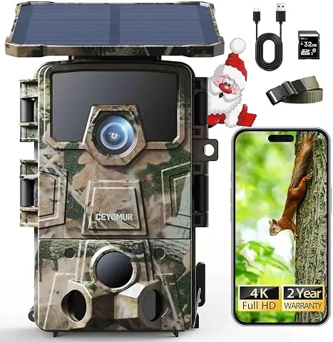 CEYOMUR 4K UHD Camara Fototrampeo Solar, WiFi 6 Cámara Caza Nocturna | Tarjeta SD de 64 GB, Batería Recargable de 5200 mA
