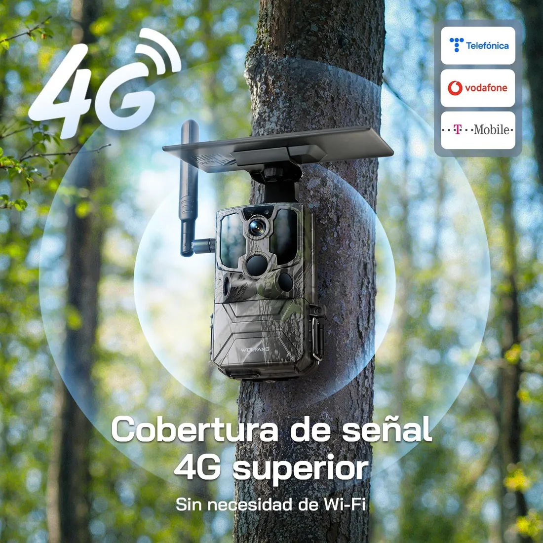 WOLFANG Cámara de Caza Solar, 4G LTE Camara Fototrampeo 2.5K con Detección PIR Nocturna por Infrarrojos Invisible, Alerta, Audio Bidireccional, IP66 para Vida Silvestre y Monitoreo de Seguridad foto 3