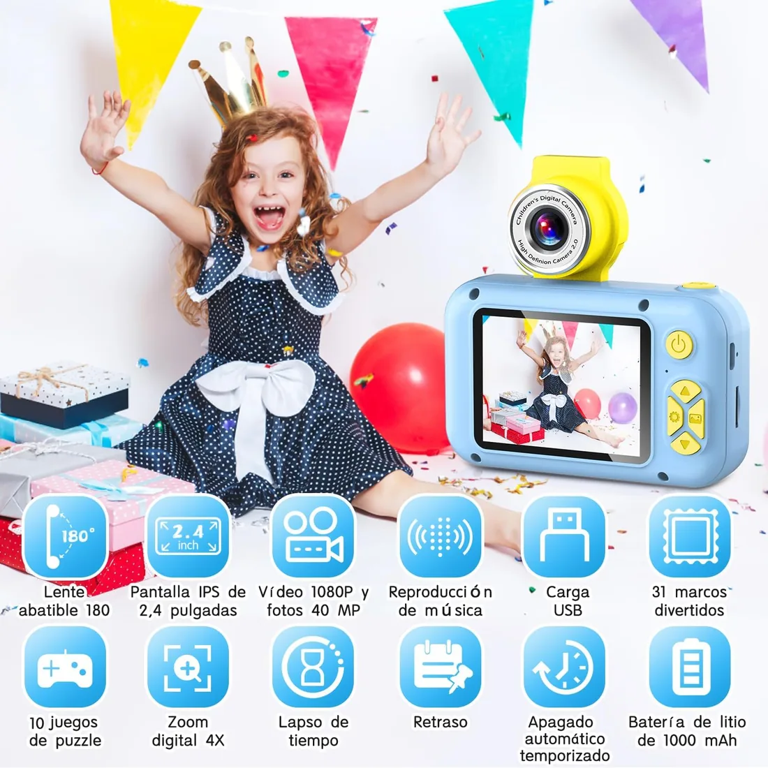 ARNSSIEN Camara Fotos Infantil 2,4" Camara de Fotos para Niños Flip 180° | Cámara Infantil con vídeo 1080P, Cámara selfie, fácil de usar, regalo para niños y niñas 3-12 años, cumpleaños y Fiestas,X101 foto 2