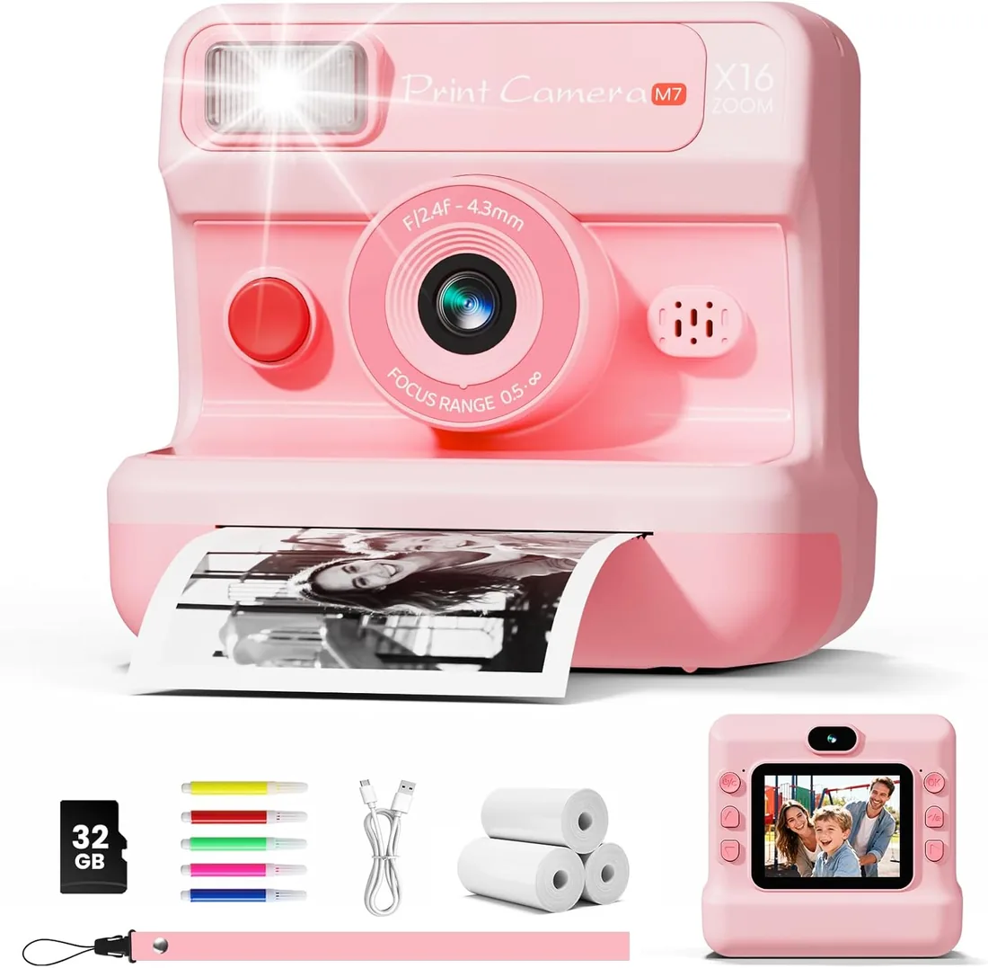 CalineGam Cámara Fotos Infantil Instantánea, Pantalla 2,4" 48MP HD 1080P | Con Lentes Dobles, Tarjeta 32GB y 3 Rollos de Papel de Impresión, Impresión Sin Tinta, Regalo Niños y Niñas 3-12 Años
