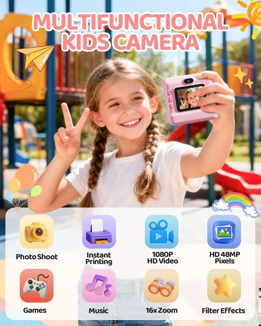 CalineGam Cámara Fotos Infantil Instantánea, Pantalla 2,4" 48MP HD 1080P | Con Lentes Dobles, Tarjeta 32GB y 3 Rollos de Papel de Impresión, Impresión Sin Tinta, Regalo Niños y Niñas 3-12 Años foto 2