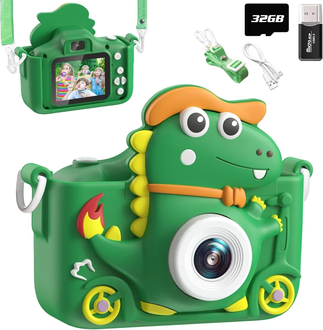 Cámara de Fotos Infantil Dinosaurio, 2" 1080P cámara Digital, HD Selfie Apareille Photo 32G, Eouet Infantil y Regalo niña 3 4 5 6 7 8 9 10 11 12 años, Bien Juegos para niños (Verde)