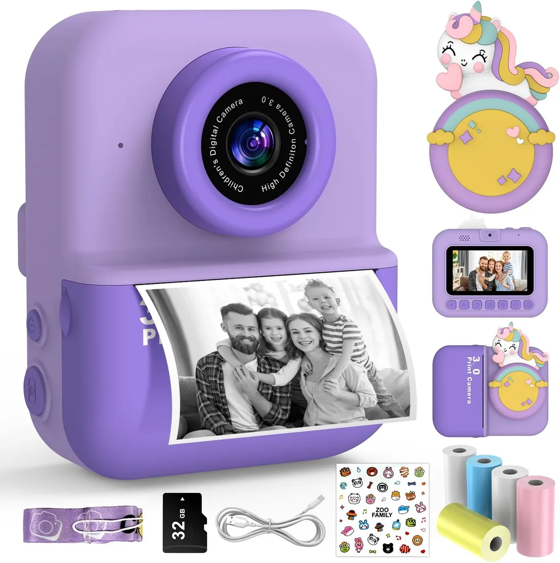Camara Fotos Infantil Instantanea, 20MP con Pantalla HD De 3.0'', Cámara Fotos Infantil con Tarjeta 32GB y 5 Rolls de Papel, Cámara Instantánea, para niños de 12 años 03