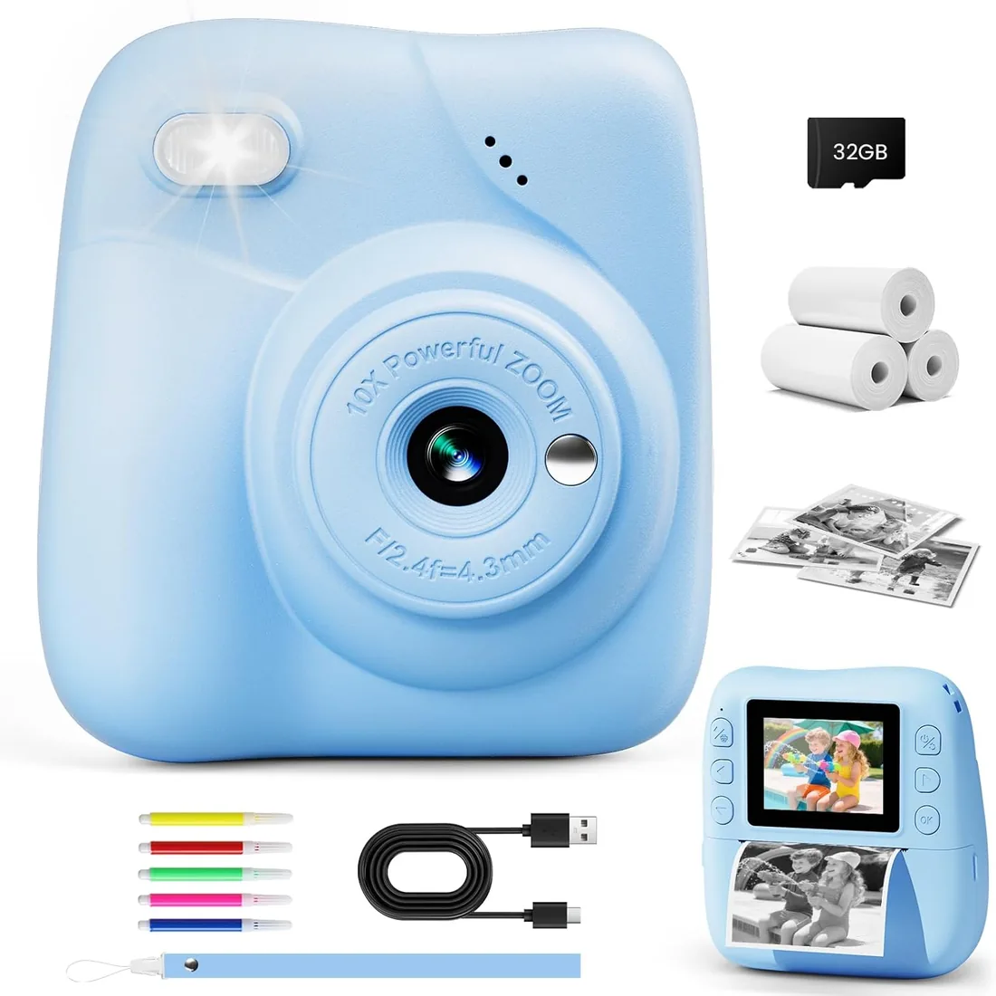 CAMCLID Camara Fotos Infantil Instantanea, Video HD 1080P, Tarjeta 32GB | Pantalla 2,0", 3 Rollos de Papel de Impresión, Impresión Sin Tinta, Selfie, Filtros, Regalo Niñas y Niños 3-12 Años