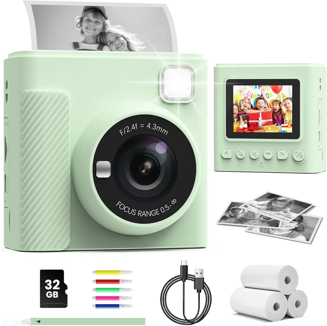 TIATUA Cámara Fotos Infantil Instantánea, 2,4" Selfie 1080P, Verde | Con Tarjeta 32GB & 3 Rollos, Impresión Sin Tinta, Selfie, Zoom 16x, MP3, Regalo para Niños & Niñas de 3 a 12 Años
