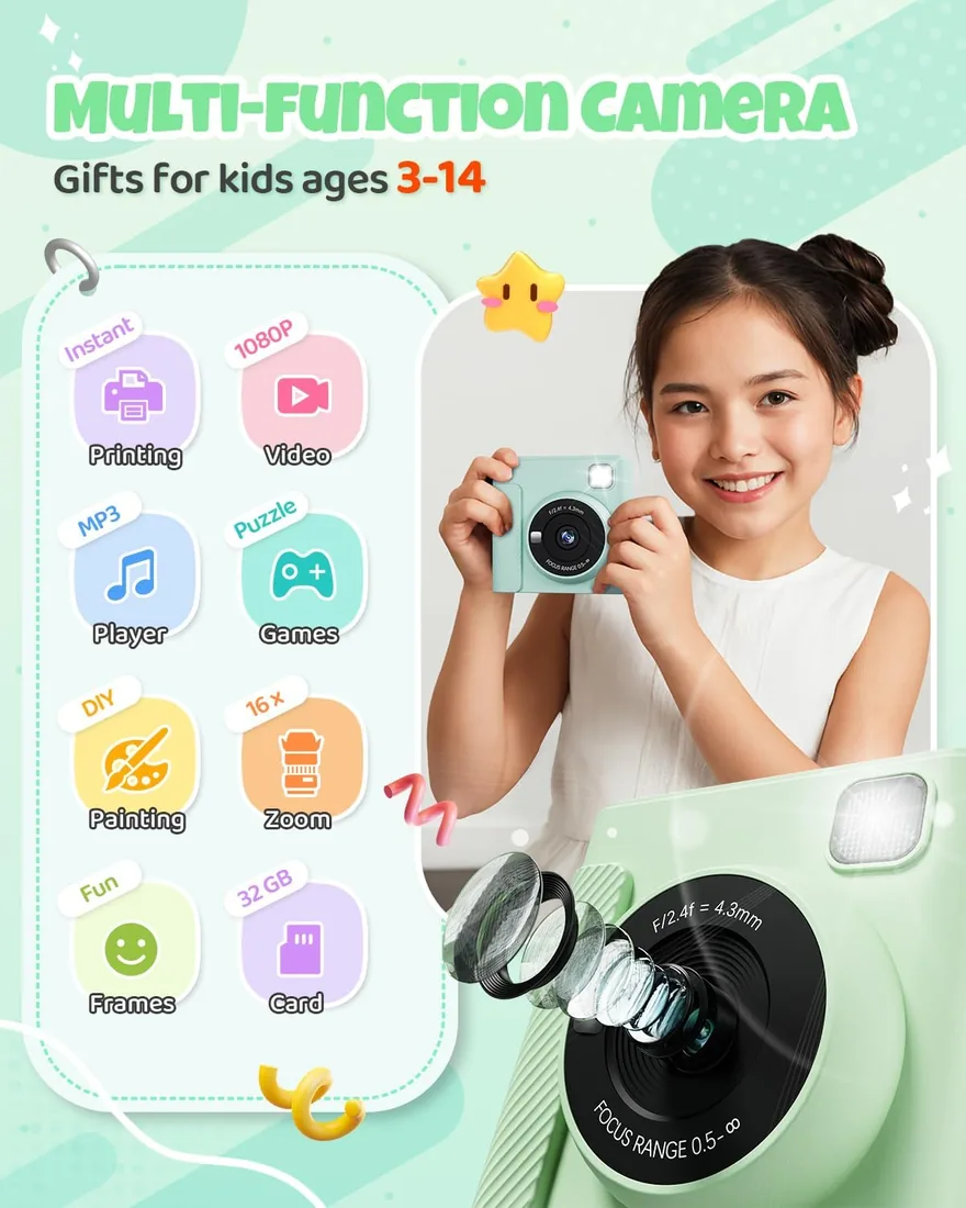 TIATUA Cámara Fotos Infantil Instantánea, 2,4" Selfie 1080P, Verde | Con Tarjeta 32GB & 3 Rollos, Impresión Sin Tinta, Selfie, Zoom 16x, MP3, Regalo para Niños & Niñas de 3 a 12 Años foto 2