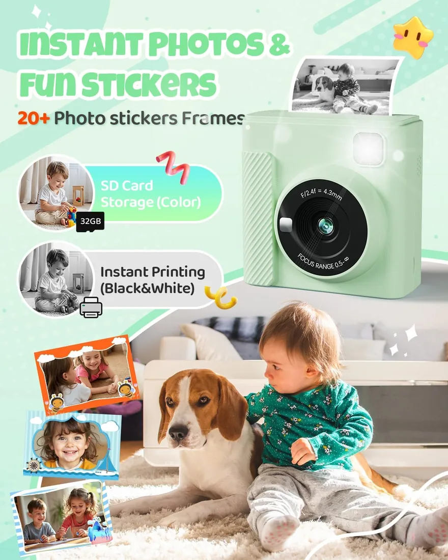 TIATUA Cámara Fotos Infantil Instantánea, 2,4" Selfie 1080P, Verde | Con Tarjeta 32GB & 3 Rollos, Impresión Sin Tinta, Selfie, Zoom 16x, MP3, Regalo para Niños & Niñas de 3 a 12 Años foto 3