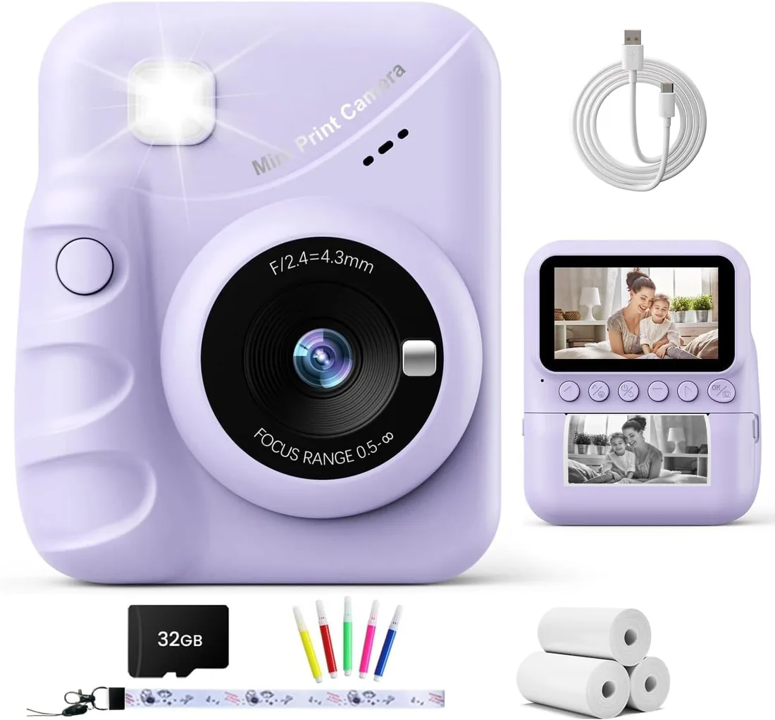 TIATUA Cámara Fotos Infantil Instantánea, 3,0" 48MP Selfie, Morado | Con Tarjeta 32GB & 3 Rollos, 1080P HD, Impresión Sin Tinta, Zoom 16x, MP3, Regalo para Niños & Niñas de 3 a 12 Años foto 3
