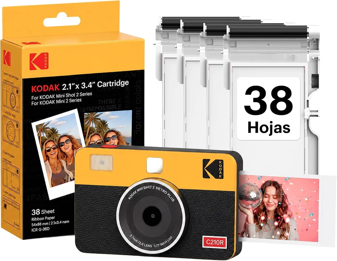 KODAK Mini Shot 2 Retro 4PASS 2-en-1 Cámara Instantánea e Impresora de Fotos (5,3x8,6cm) + Pack con 38 Hojas, Amarillo