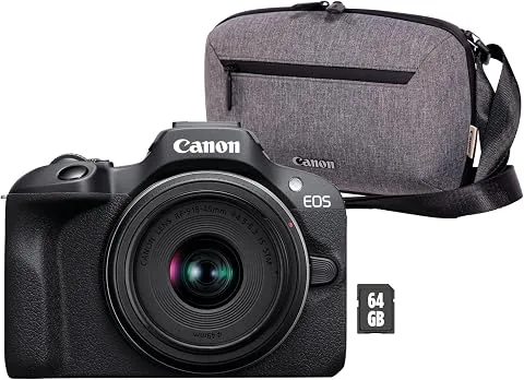 CANON EOS R100 Cámara Mirrorless + Objetivo RF-S 18-45 mm F4.5-6.3 IS STM + Bolsa para Cámara + Tarjeta SD de 64GB | Cámara Evil APS-C (24,1 MP) -4 EV | Vídeo 4K 25 fps | Dual Pixel CMOS AF | Negro