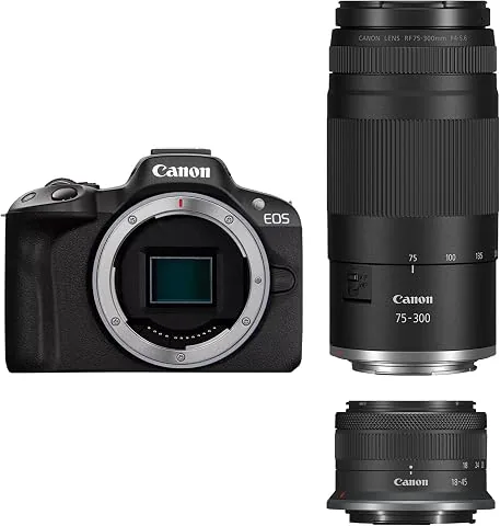 Canon EOS R50 Cuerpo Cámara Mirrorless + Objetivo RF-S 18-45 mm + RF 75-300mm Kit Doble Zoom -4 EV, Vídeo 4K 30 fps, Dual Pixel CMOS AF II, Pantalla Táctil de Ángulo Variable, Negro