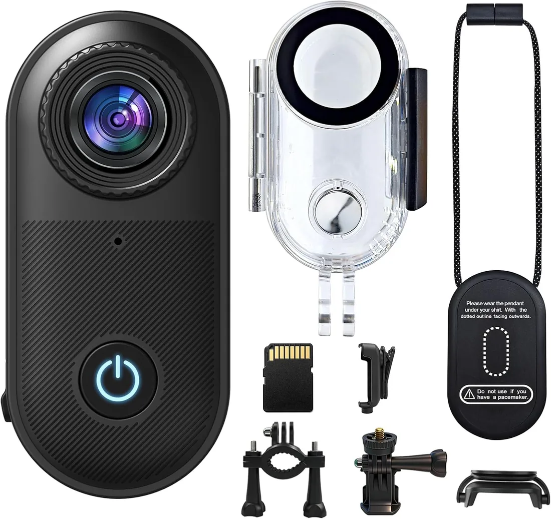 2.7K Camara Moto Tamaño Pulgar Magnética Portátil e Impermeable Body Cam | Con Tarjeta de Memoria y Accesorios, Grabación Audio y Vídeo para Deportes, Viajes, Vlogs y Exterior