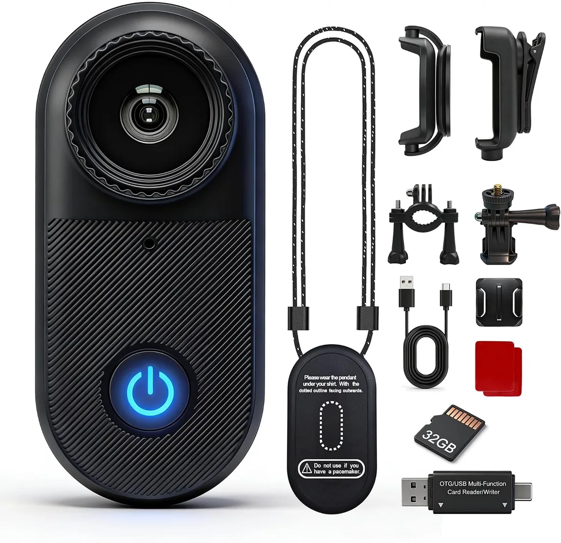 2.7K Mini Camara Deportiva,35g Magnético Camara corporal,Negro Grafito. | Tarjeta 32GB,10+ Accesorios,Colgante Magnético,Camara para Moto,Bicicleta,Ciclismo,POV, Vlogging,Viaje,Senderismo.