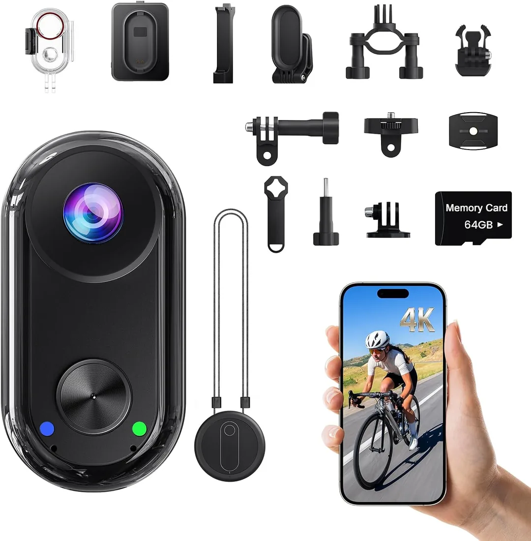 4K Mini Cámara Deportiva,20MP Portátil para POV Cámara,6 Ejes EIS Camara Corporal,40M Camara Subacuática,WiFi Mini Cámara Magnética(con TF de 64 GB y Accesorios de Montaje)