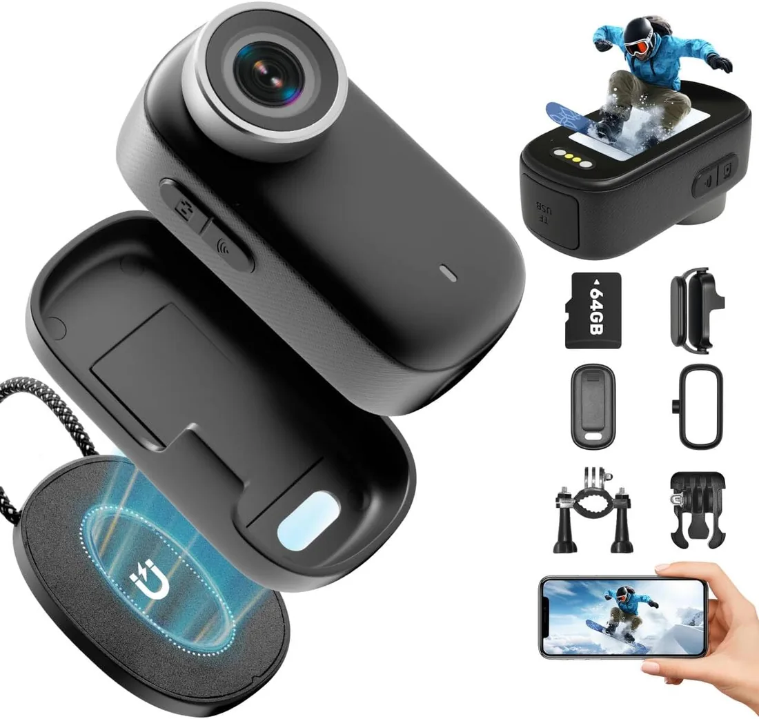 Cámara Deportiva 4K WiFi, 64GB Mini Cámara de Acción, 150° Videocámara de Casco con Pantalla Videocámara Corporal para Vlogs Moto Bici Deportes Varios Accesorios