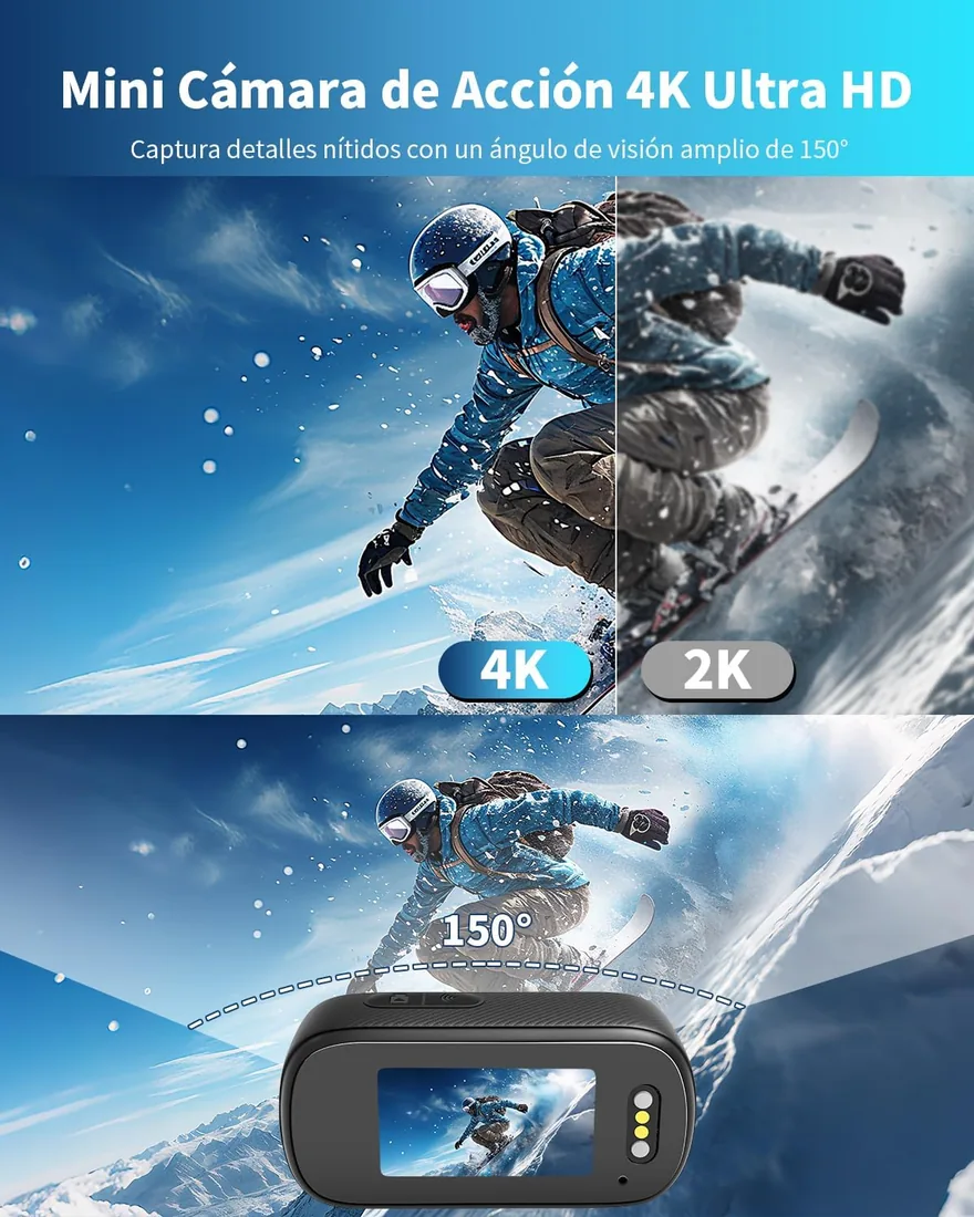 Cámara Deportiva 4K WiFi, 64GB Mini Cámara de Acción, 150° Videocámara de Casco con Pantalla Videocámara Corporal para Vlogs Moto Bici Deportes Varios Accesorios foto 2