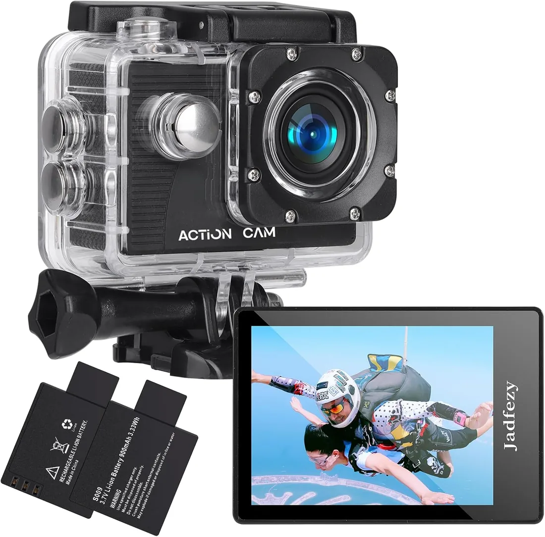 Cámara Deportiva HD 1080P, Cámara subacuática 30M con 140 Grados Gran Angular, Cámara de acción 2 baterías Recargables de 900mAh y Kit de Accesorios (FHD 1080P)