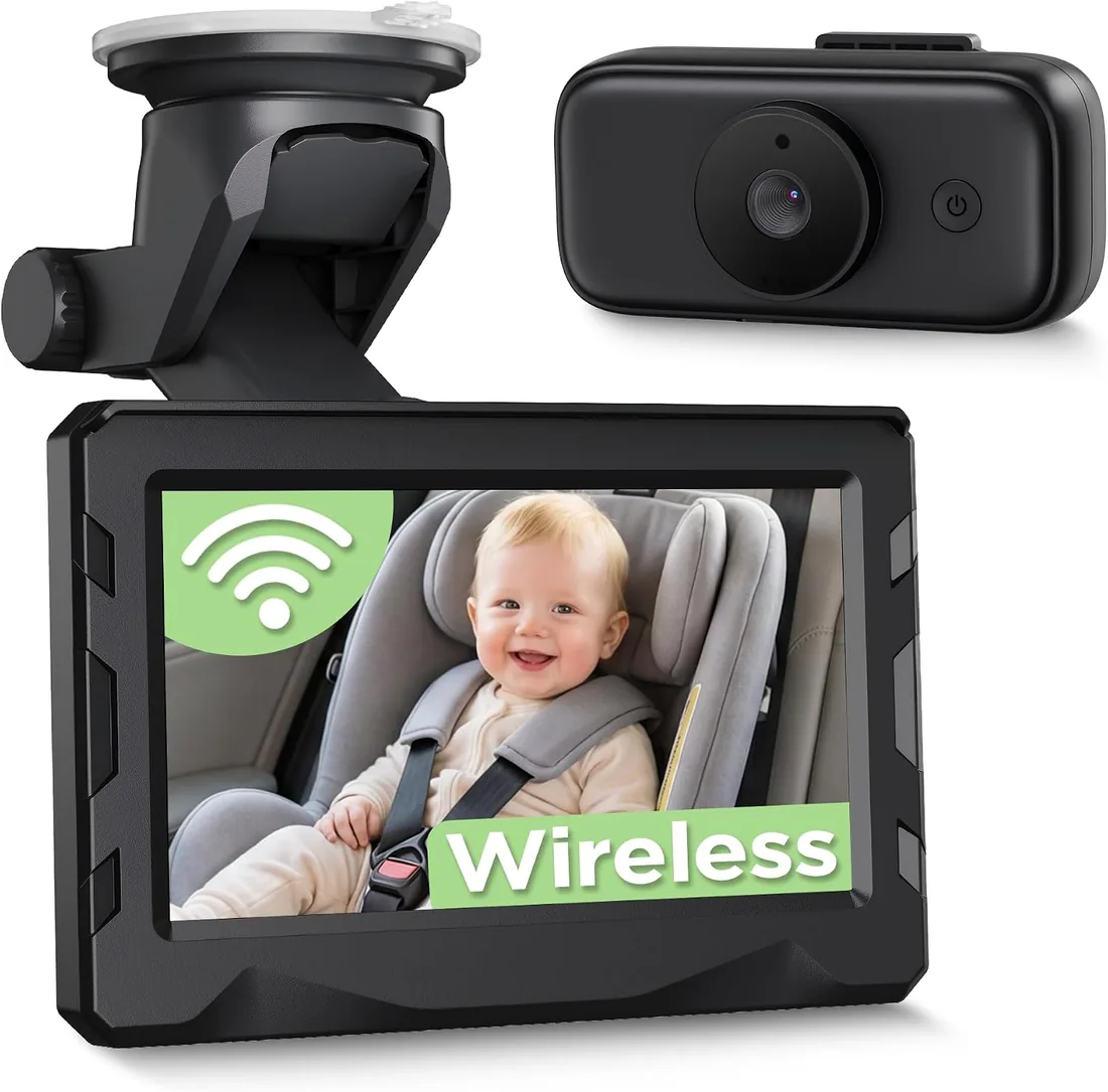Cámara de bebé inalámbrica para coche HD 1080P, espejo de coche con visión nocturna, batería de 10000 mAh, pantalla HD de 4,3 pulgadas