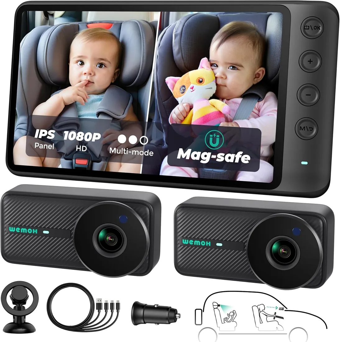 Cámara de coche magnética doble para bebé para dos niños, pantalla IPS 1080P con montaje magnético, 3 modos (Zoom/Espejo/Split), visión nocturna automática, cámara de coche con USB para bebé