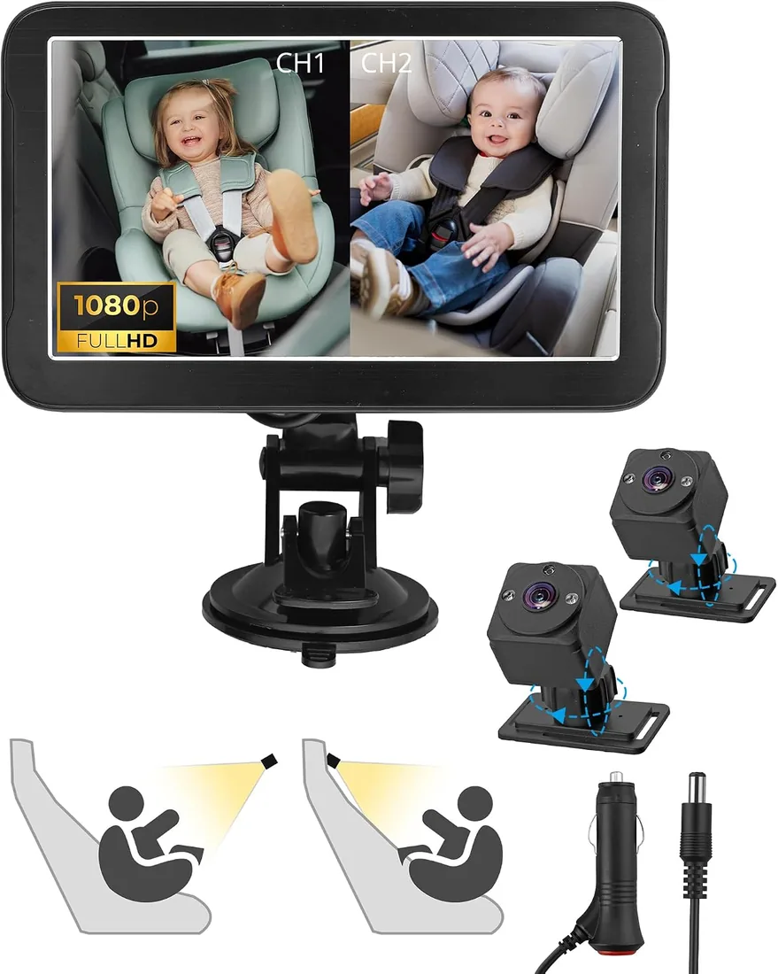 eSynic Cámara Doble para Bebé 1080P con Pantalla Dividida de 7" Monitor de Vigilancia Infantil Espejo Retrovisor con Visión Nocturna Cámara Giratoria 360° Sistema de Seguridad para Asiento Trasero