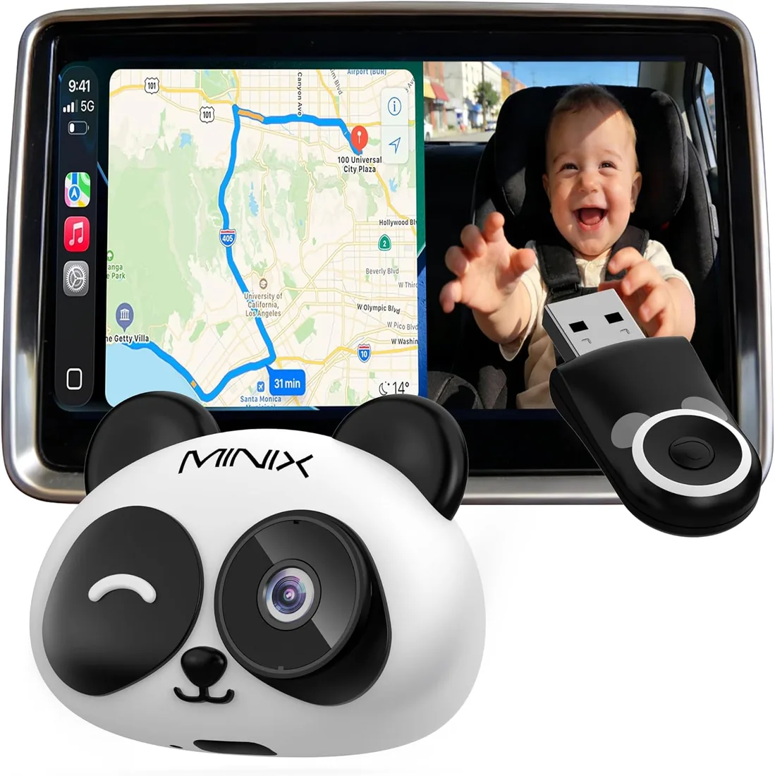MINIX CA520 CarPlay Inalámbrico Cámara Bebé Coche para iPhone Solo (no Android Auto), Monitor Bebé Asiento Trasero 1080P, Visión Nocturna, Ángulo Amplio 150°, Baja Latencia para CarPlay cable original