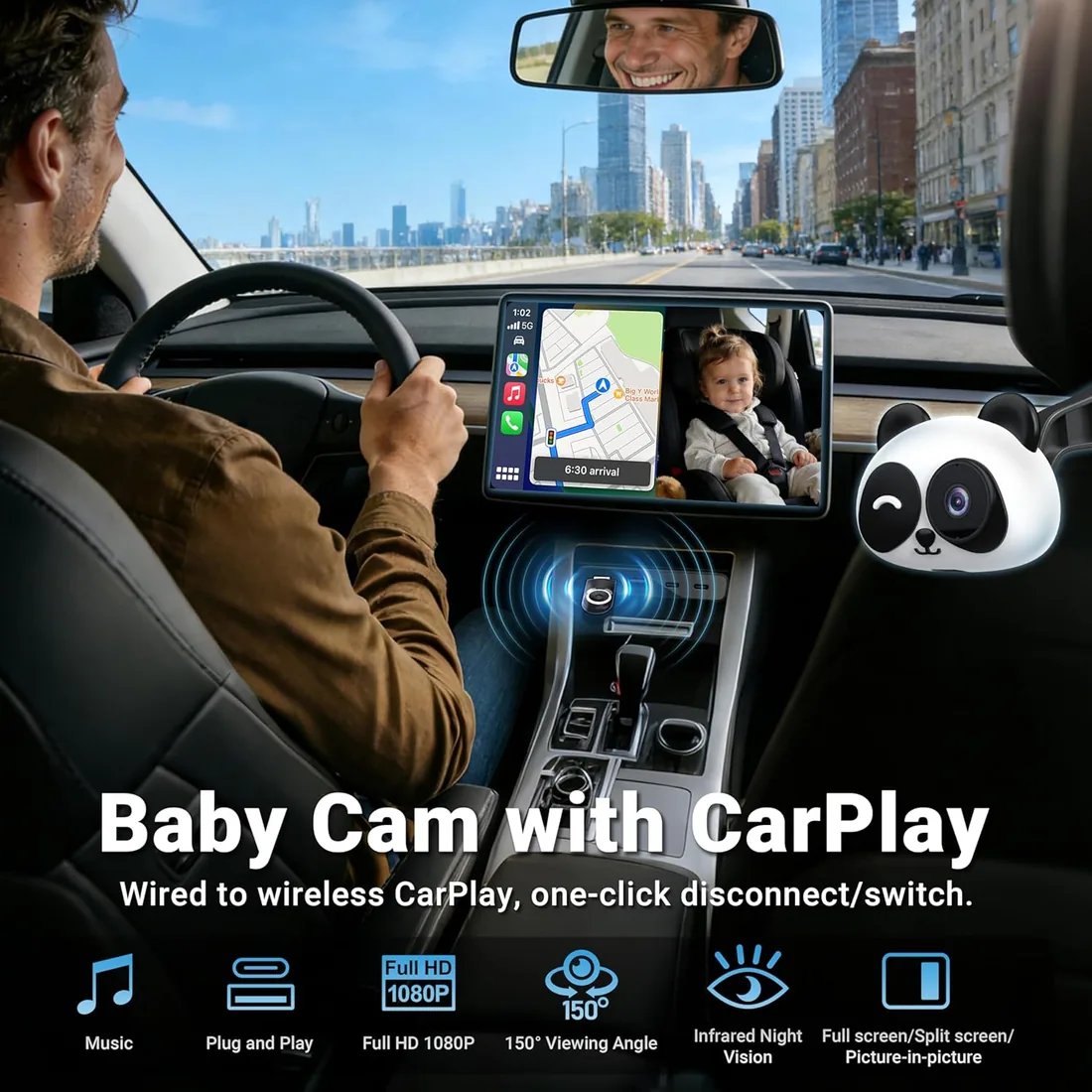 MINIX CA520 CarPlay Inalámbrico Cámara Bebé Coche para iPhone Solo (no Android Auto), Monitor Bebé Asiento Trasero 1080P, Visión Nocturna, Ángulo Amplio 150°, Baja Latencia para CarPlay cable original foto 2