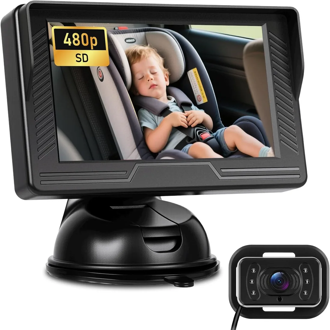 NHOPEEW 480P Cámara de Coche para bebés - Monitor de Coche de 4,3 Pulgadas con Cámara de Visión Nocturna, Ángulo Amplio Ajustable 360°, Instalación Fácil