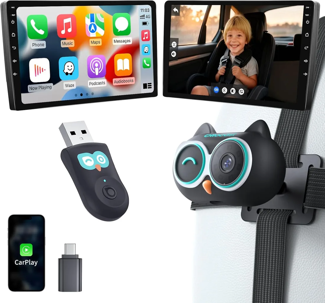 OTTOCAST Cabin Care 2026, 2 en 1 Adaptador CarPlay Inalámbrico + Cámara para Bebé, 1080P Full HD, Gran Angular 150°, Visión Nocturna IR, Compatible con CarPlay con Cable (Desde 2016)